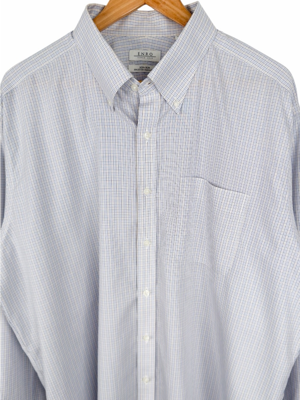 Enro Men's 18 34/35 Dress Shirt Blue Yellow Check Non-Iron Cotton Button Down - Picture 3 of 9